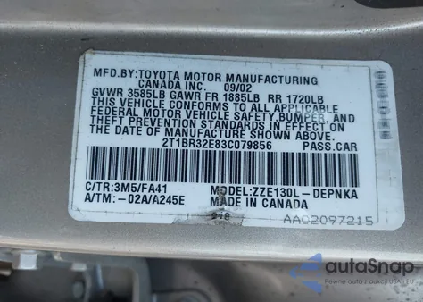 2003 Toyota Corolla Le из США, поврежденный, VIN 2T1BR32E83C079856